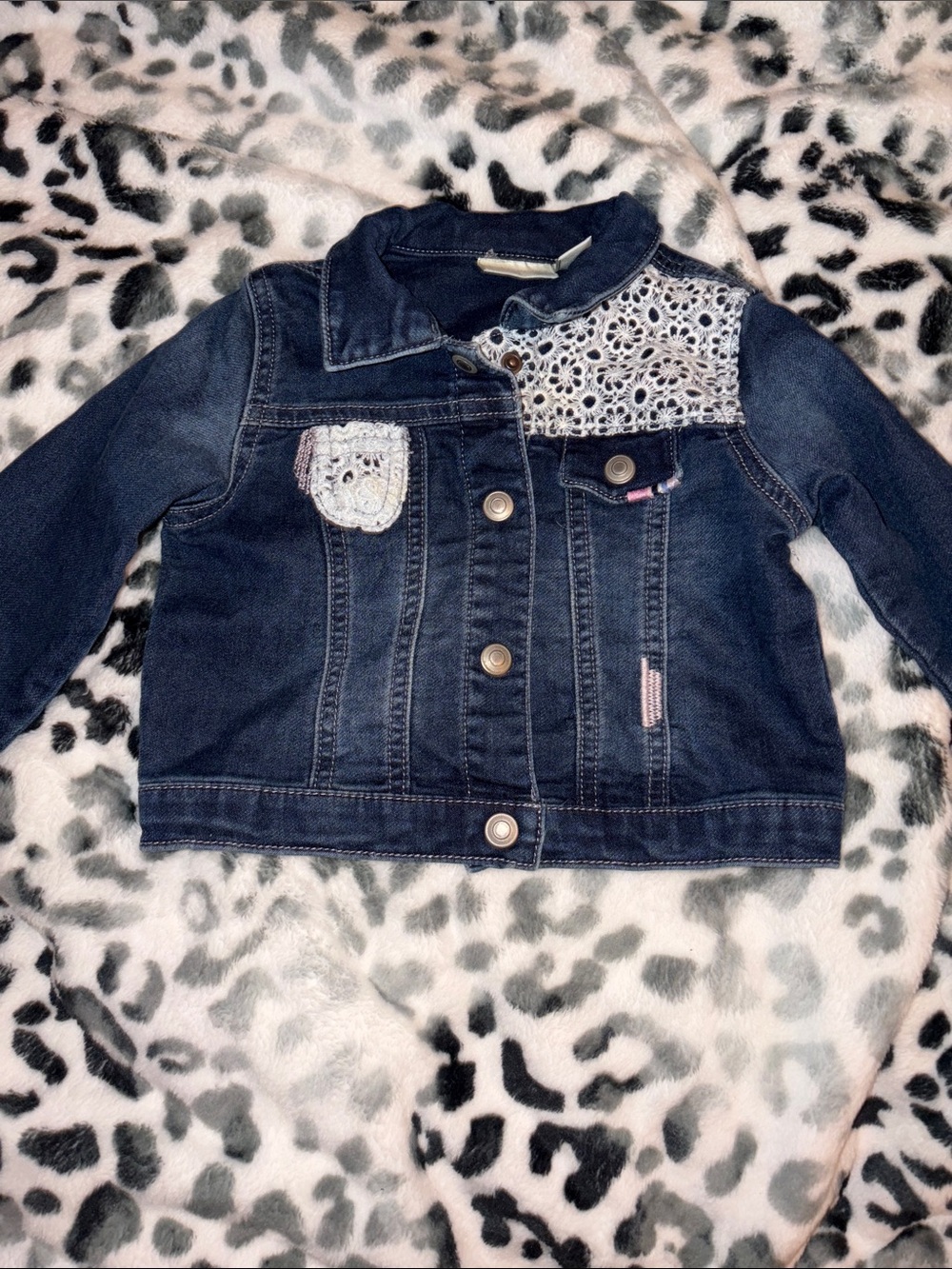 First Impressions Dark Blue Denim Jacket with White Crochet Accents